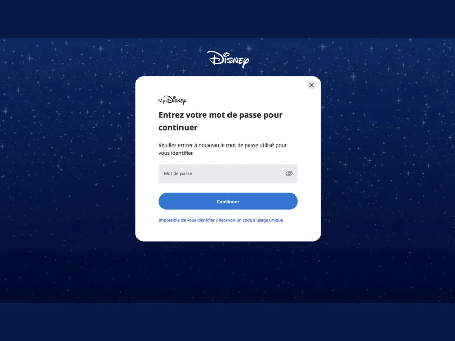 Écran de connexion au compte Disney (MyDisney) pour enregistrer un billet non daté