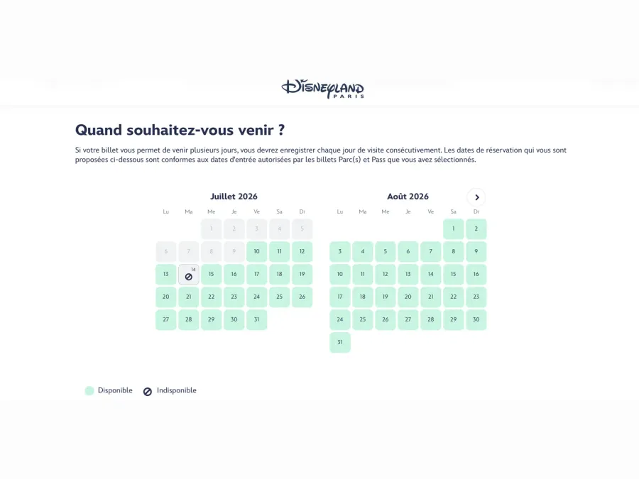 Calendrier de sélection de la date de visite, dates disponibles en vert