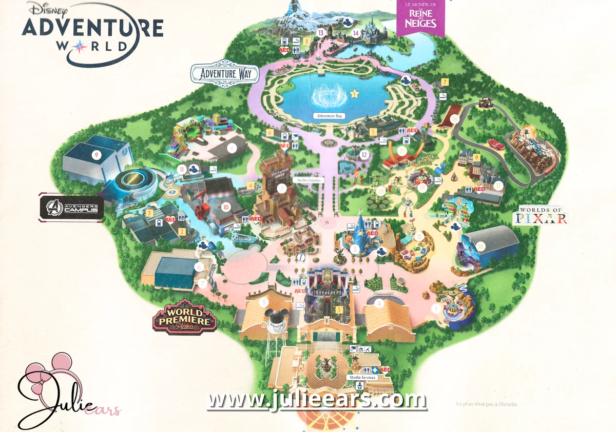 Plan illustré du Parc Disney Adventure World avec ses lands, l’Adventure Bay et le Monde de la Reine des Neiges.
