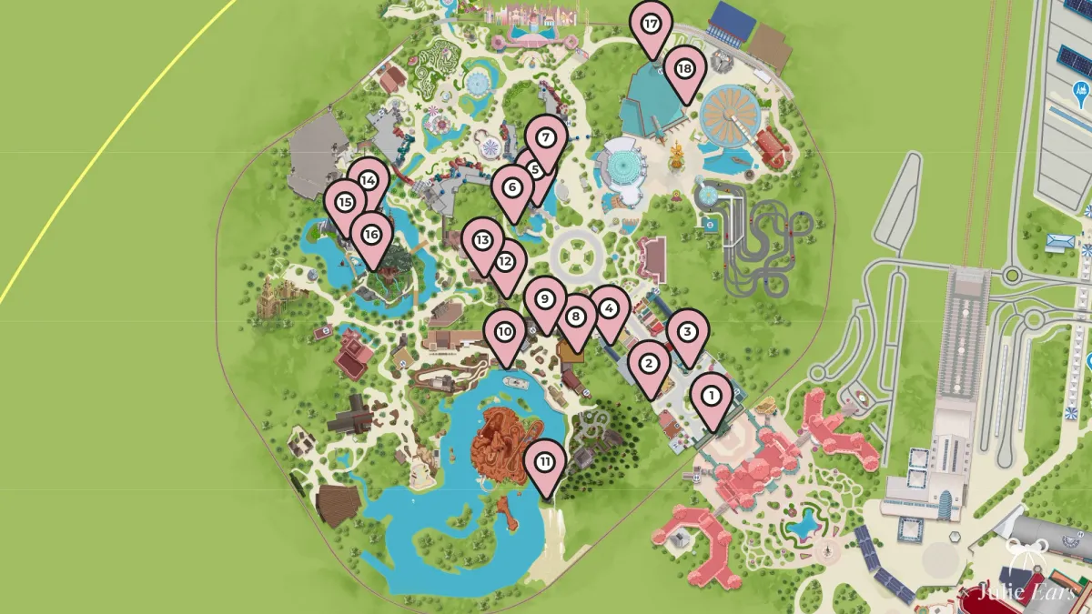 Plan du Parc Disneyland situant les passages secrets et lieux cachés, des arcades de Main Street aux grottes d’Adventure Isle