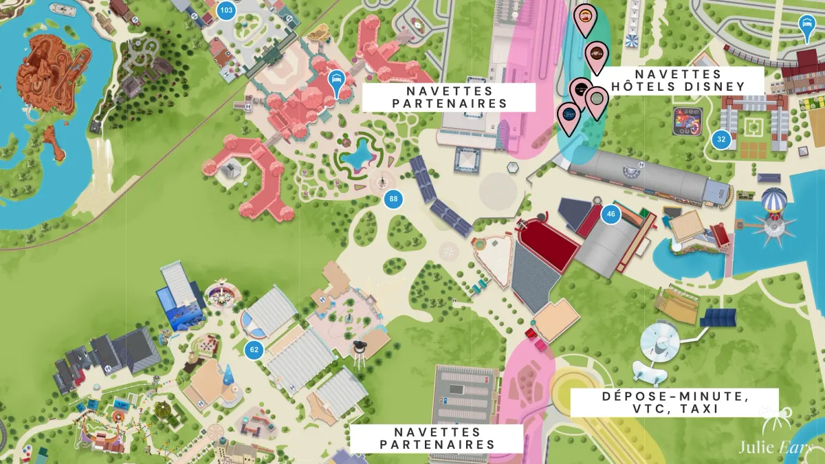 Plan de l’esplanade de Disneyland Paris situant les navettes des hôtels Disney, les navettes des hôtels partenaires et la zone dépose-minute, VTC et taxi