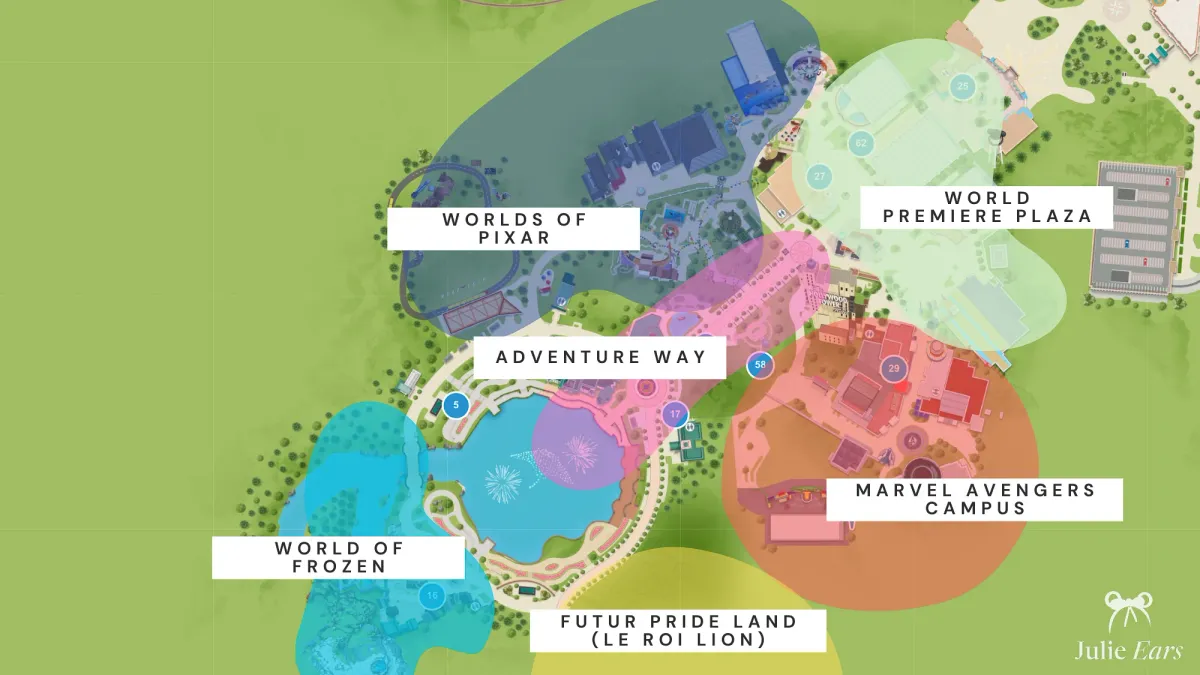 Plan du Parc Disney Adventure World avec ses zones : World of Frozen, Adventure Way, Worlds of Pixar, World Premiere Plaza, Marvel Avengers Campus et le futur land Le Roi Lion