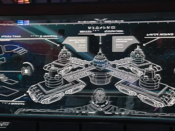 Schéma symétrique d'un vaisseau tracé en lignes blanches lumineuses sur un panneau vitré de la file d'attente de Star Tours