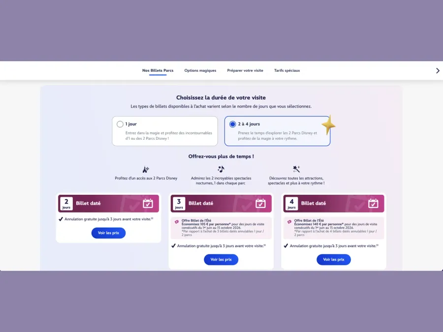 Écran de choix de la durée du billet avec l’option 2 à 4 jours
