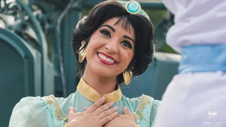 Princess Jasmine, smiling, during World Princess Week at Disneyland Paris.