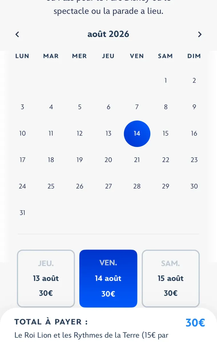 Calendrier de choix de la date du spectacle avec le prix par personne et le total à payer