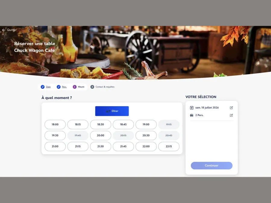 Écran de choix du créneau horaire pour la réservation de restaurant