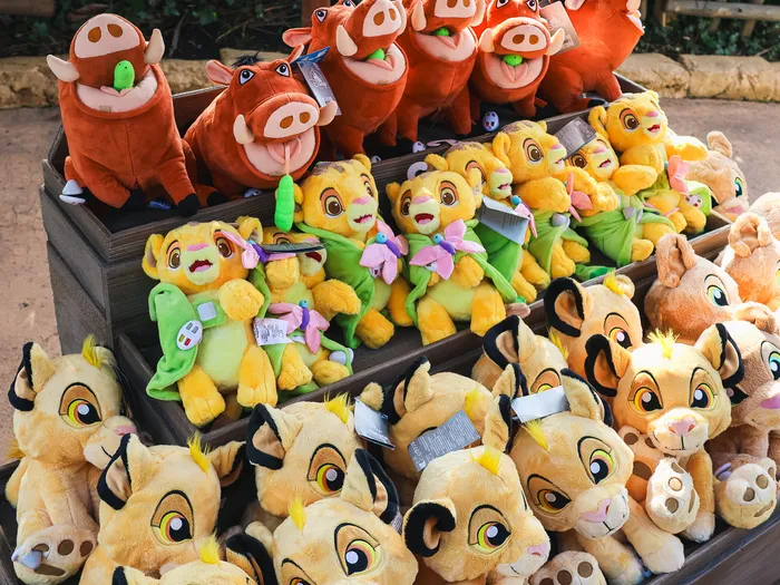 The Lion King soft toys, Simba and Pumbaa, in wooden crates at Temple Traders Boutique