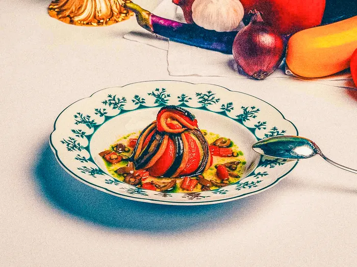 Assiette de légumes confits en dôme entourée de légumes frais et d’une cuillère