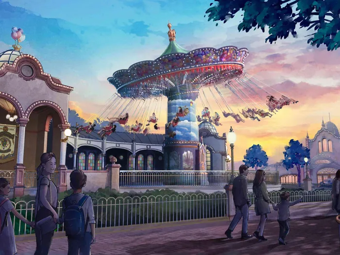 Vue d’artiste de l’attraction Les Chaises Volantes des Explorateurs à Disney Adventure World : un manège de chaises volantes surmonté de ballons colorés, au crépuscule, avec des visiteurs au premier plan.